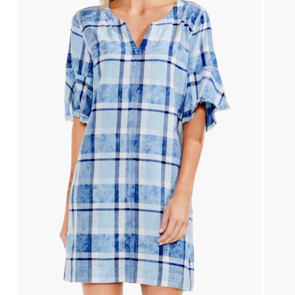 Vince Camuto Flutter Sleeve Indigo Plaid Dress